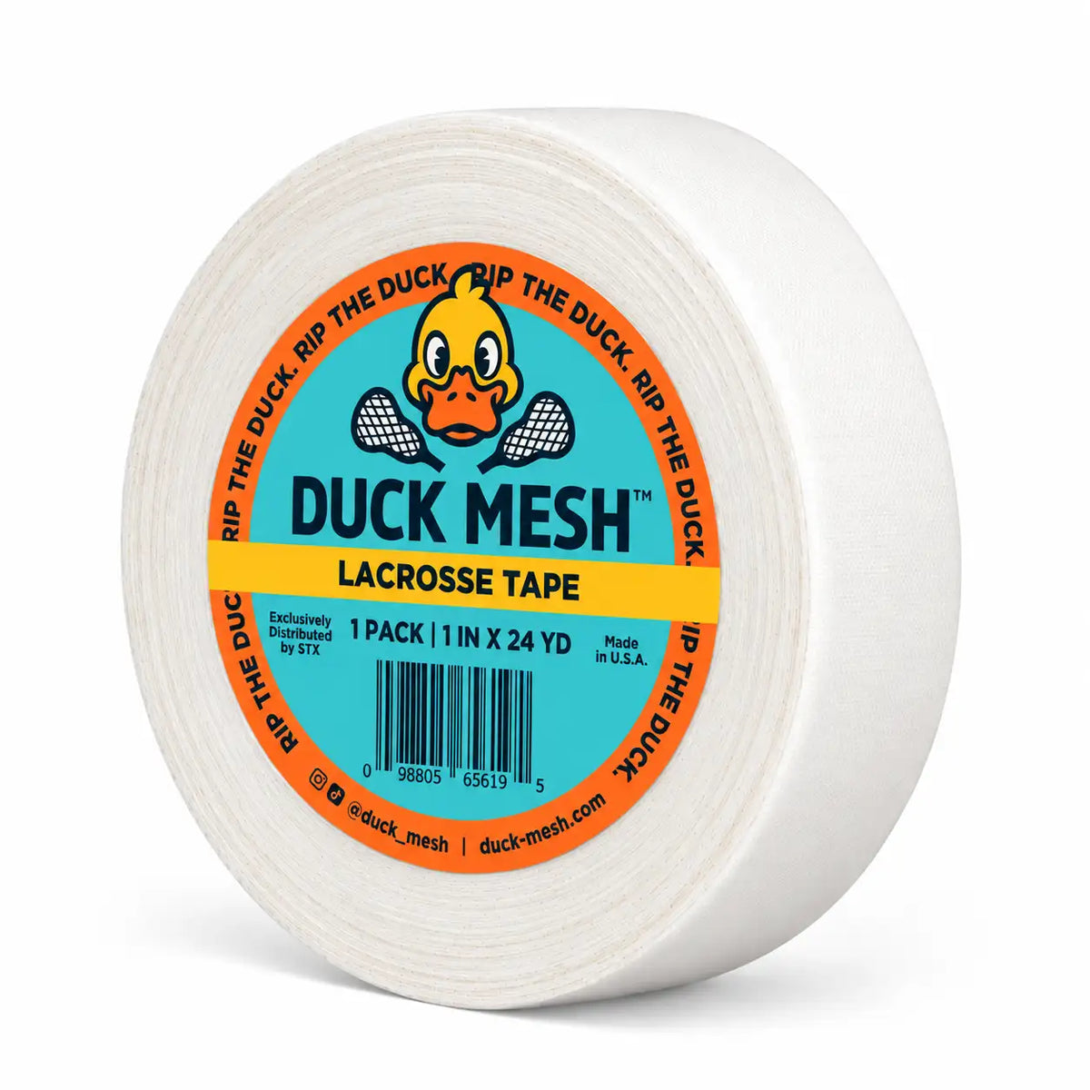 A single roll of Duck Mesh Lacrosse Tape on a clean white background. The white tape is partially unrolled to reveal a circular label with a bright blue center, orange border, and the yellow and black Duck Mesh logo.