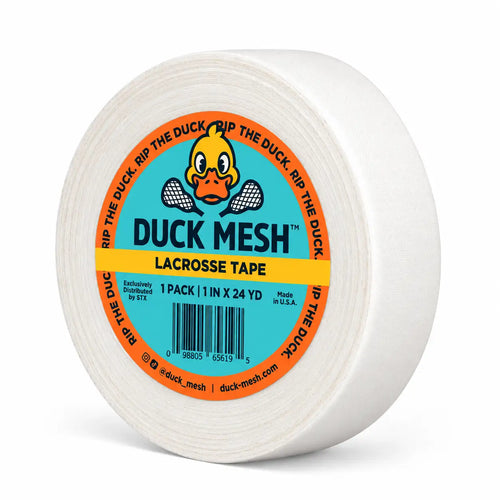A single roll of Duck Mesh Lacrosse Tape on a clean white background. The white tape is partially unrolled to reveal a circular label with a bright blue center, orange border, and the yellow and black Duck Mesh logo.